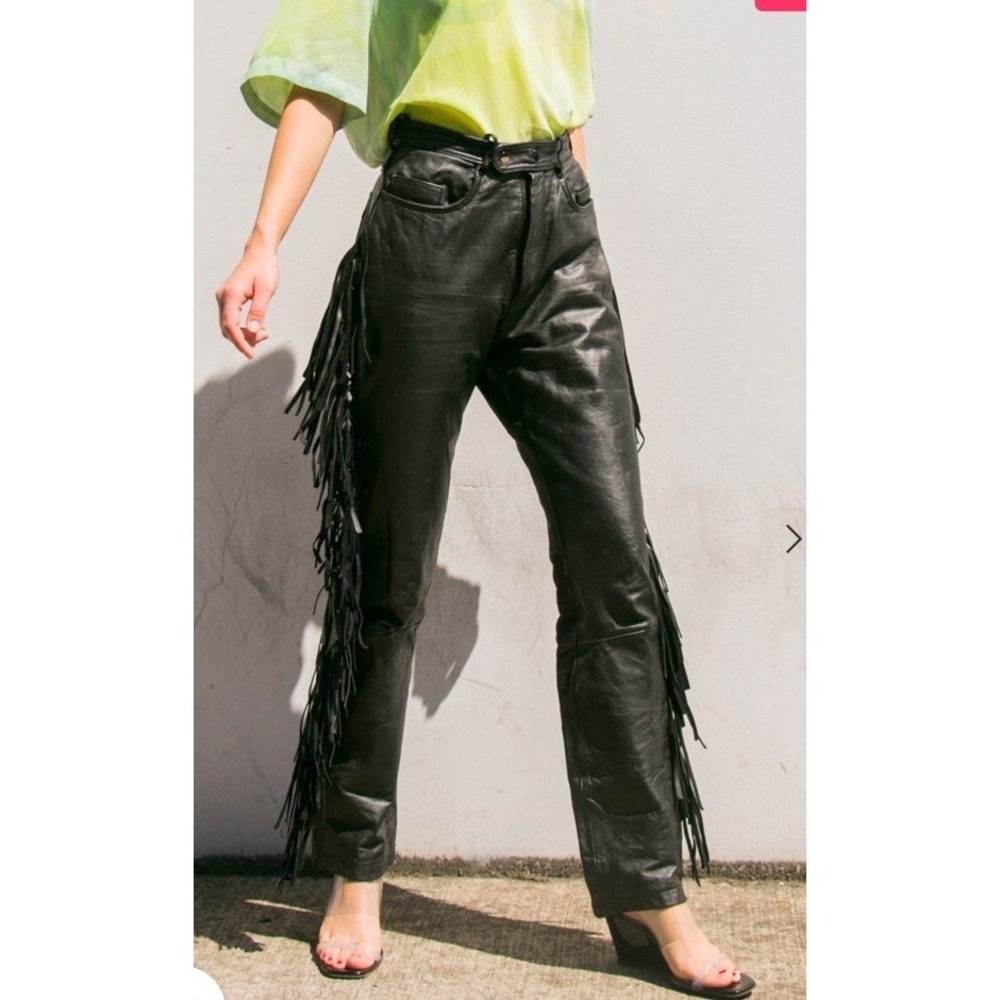 VTG WILDA New York U.S.A‎ Made Women's Black Western fringe Leather Pants SZ-10